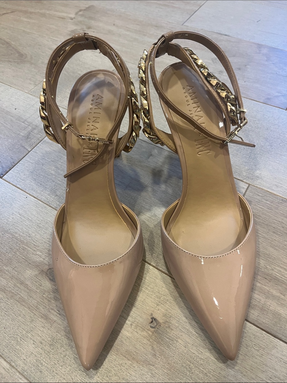 Amina Abdul Jillil INC Patent Pointed-Toe Ankle-Strap Pumps with Gold Chain